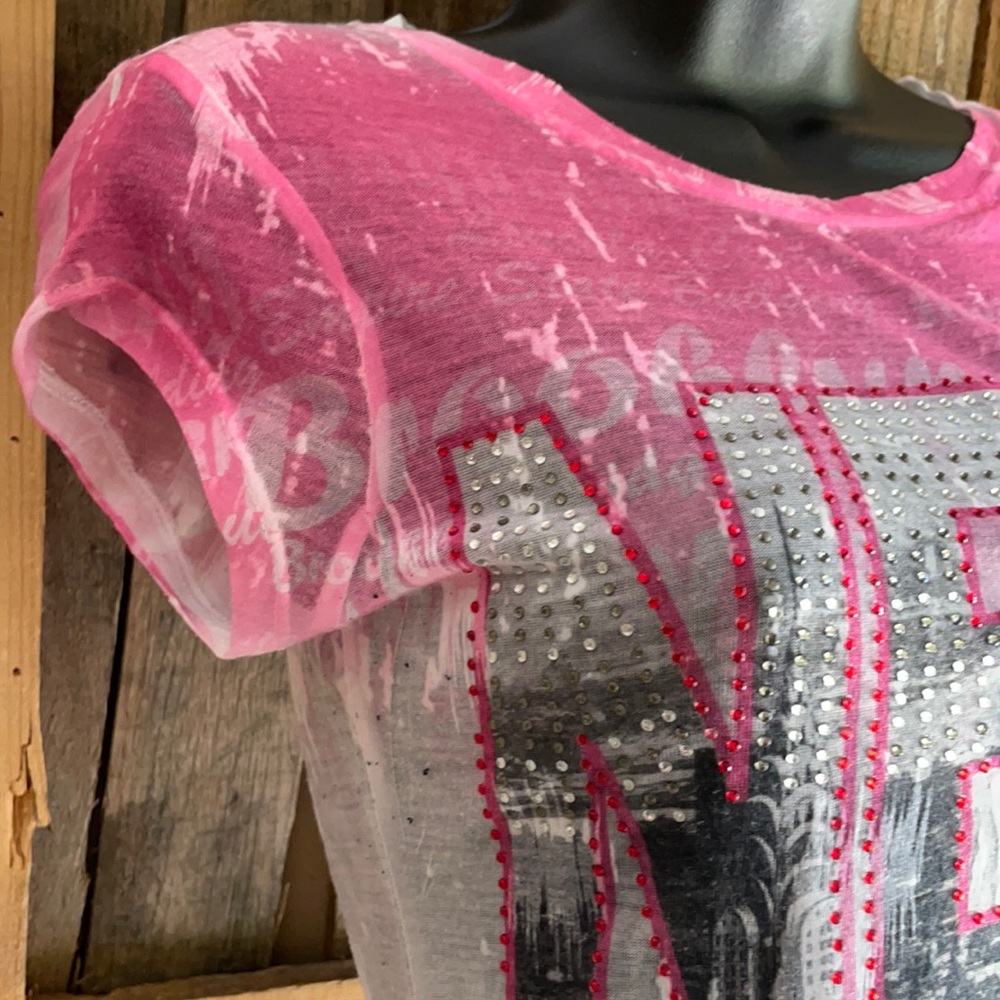 Pink white and blue New York tshirt rhinestones M - Picture 5 of 8